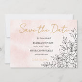 Rosa Wasserfarbe mit eleganter schwarzer botanisch Save The Date (Vorderseite)