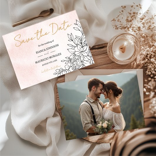 Rosa Wasserfarbe mit eleganter schwarzer botanisch Save The Date
