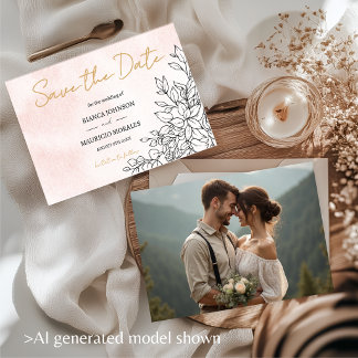 Rosa Wasserfarbe mit eleganter schwarzer botanisch Save The Date