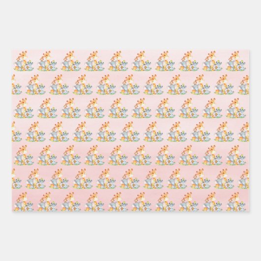 Rosa Wasserfarbe Niedlich Safari Jungle Animes Geschenkpapier Set (Vorderseite 3)