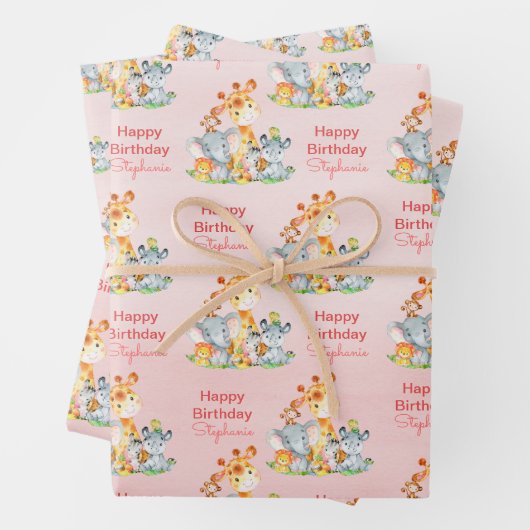 Rosa Wasserfarbe Niedlich Safari Jungle Animes Geschenkpapier Set (Beispiel)