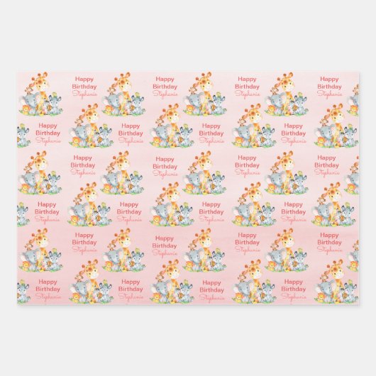 Rosa Wasserfarbe Niedlich Safari Jungle Animes Geschenkpapier Set (Vorderseite)