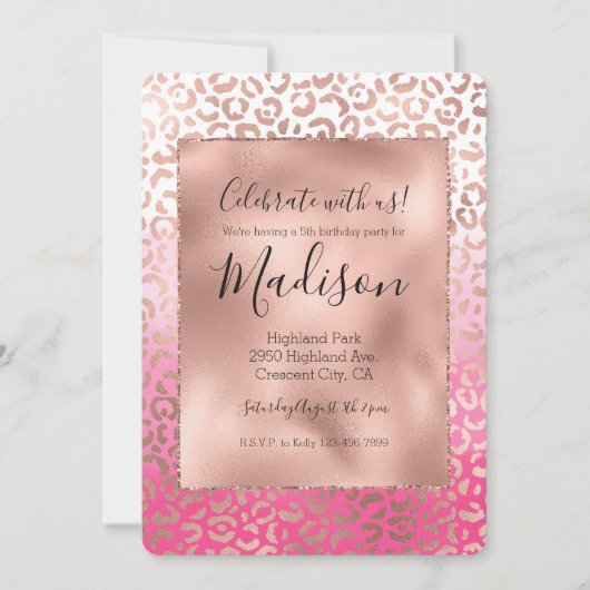 Rosa Wasserfarbe Ombre Leopard Print Einladung (Vorderseite)