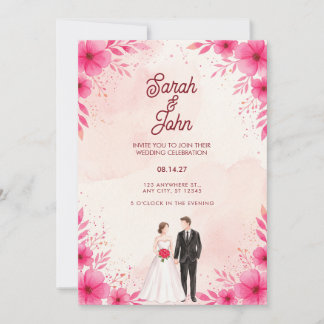 Rosa Wasserfarbe-Paar-Blumen-Hochzeitseinladung Einladung