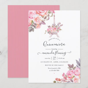 Rosa Wasserfarbe Paris Quinceañera Einladung