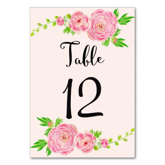 Rosa Wasserfarbe Ranunculus Hochzeitskarte Tischnummer (Vorderseite)