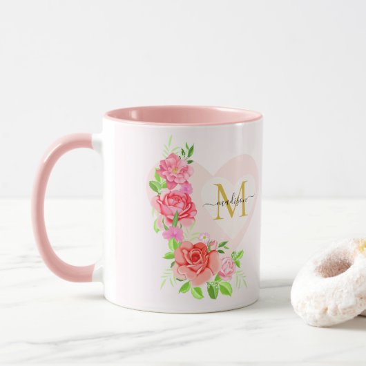 Rosa Wasserfarbe-Rose Florales Monogramm Anfangsbu Tasse (Mit Donut)