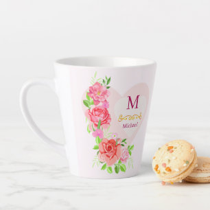 Rosa Wasserfarbe-Rose Florales Monogramm Initiale Milchtasse