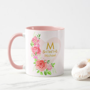 Rosa Wasserfarbe-Rose Florales Monogramm Initiale Tasse