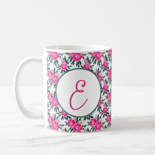 Rosa Wasserfarbe Rosen Muster Monogramm Kaffeetasse (Links)