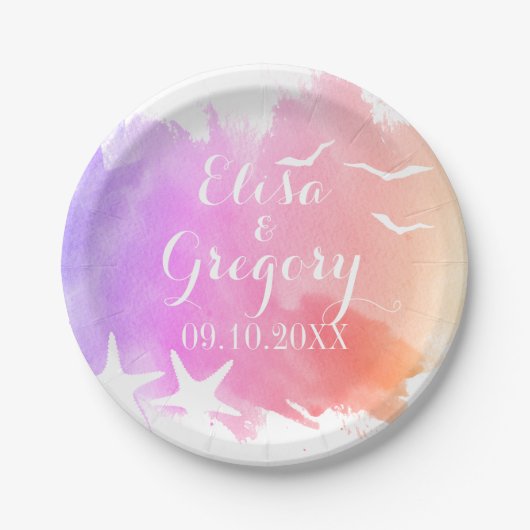 Rosa Wasserfarbe, Seesternstrand Sommerhochzeit Pappteller (Vorderseite)