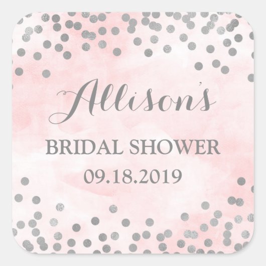 Rosa Wasserfarbe Silver Confetti Brautparty Quadratischer Aufkleber (Vorderseite)