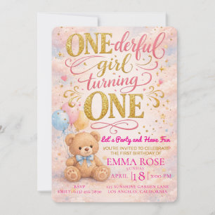 Rosa Wasserfarbe Teddybär Mädchen 1. Geburtstag Einladung