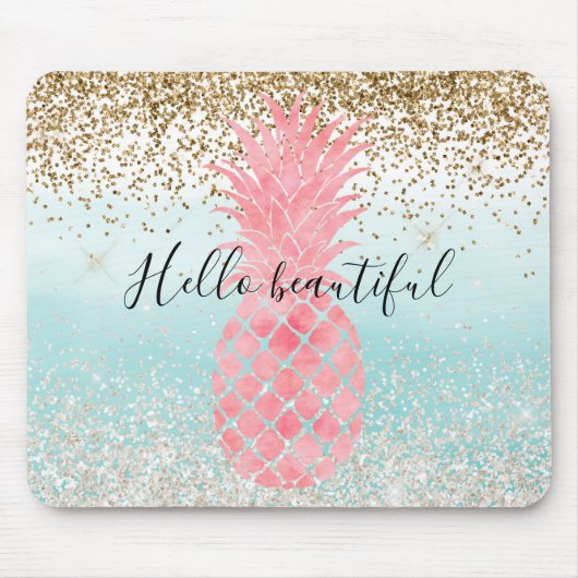 Rosa Wasserfarbe Tropische Ananas Aqua Ombre Gold Mousepad (Vorne)