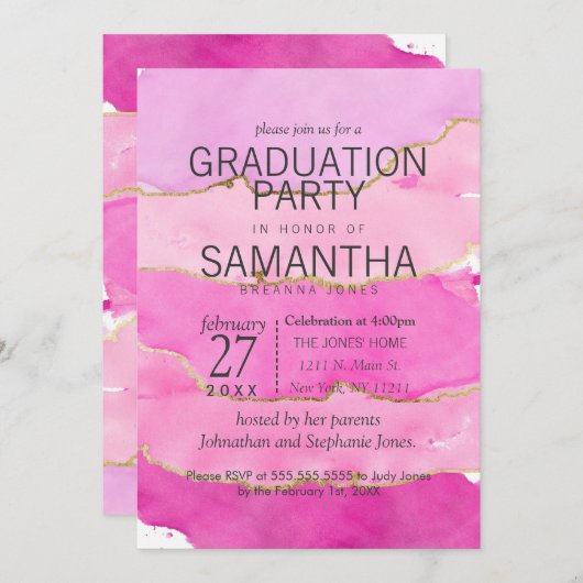 Rosa Wasserfarbe und Gold Graduierung Party - Einl Einladung (Vorne/Hinten)
