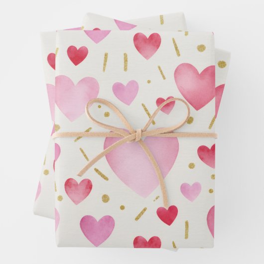 Rosa Wasserfarbe und goldene Glitzerherzen Geschenkpapier Set (Beispiel)