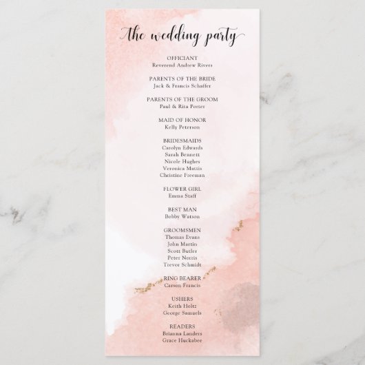 Rosa Wasserfarbe und goldener Hochzeitssorden Programm (Rückseite)