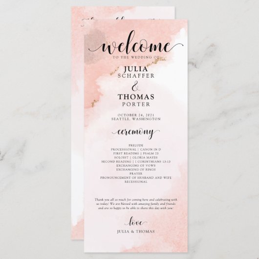 Rosa Wasserfarbe und goldener Hochzeitssorden Programm (Vorne/Hinten)