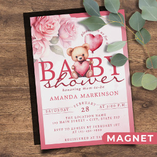 Rosa Wasserfarbe Valentinstag-Teddybär-Baby-Party Magneteinladung