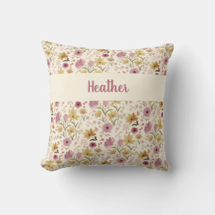 Rosa Wasserfarbe Wildblumen-Monogramm-Name Kissen