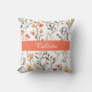 Rosa Wasserfarbe-Wildblumen-Monogramm-Name Kissen