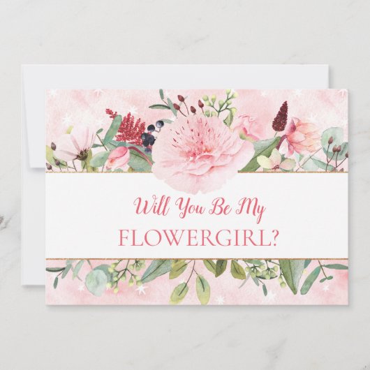 Rosa Wasserfarbe wirst du mein Blumenmädchen sein Einladung (Vorderseite)