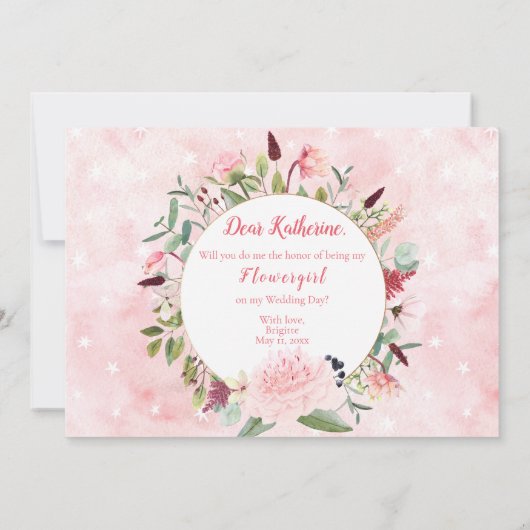 Rosa Wasserfarbe wirst du mein Blumenmädchen sein Einladung (Rückseite)
