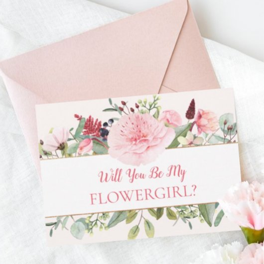 Rosa Wasserfarbe wirst du mein Blumenmädchen sein Einladung
