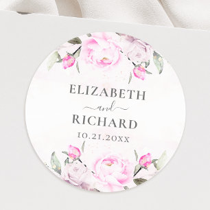 Rosa Wasserfarben Bläserpeony Elegante Hochzeit Runder Aufkleber