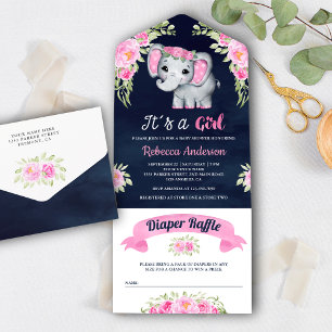 Rosa Wasserfarben-Blumen-Elefant Navy Baby Shower All In One Einladung