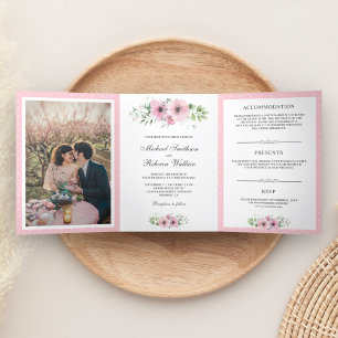 Rosa Wasserfarben Blumen Foto Hochzeit Dreifach Gefaltete Einladung