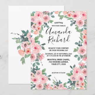 Rosa Wasserfarben-Blumen Hochzeit Schön Einladung