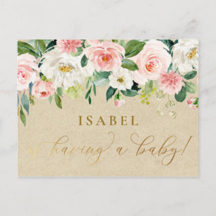 Rosa Wasserfarben-Blumen- & Kraftpapier-Baby-Party Postkarte