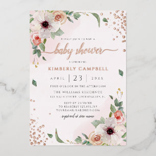Rosa Wasserfarben-Blumen-Mädchen-Baby-Party Folieneinladung