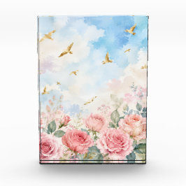 Rosa Wasserfarben-Blumen mit goldenen Vögeln Fotoblock