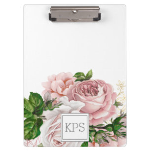 Rosa Wasserfarben-Blumen-Monogramm in Weiß Klemmbrett