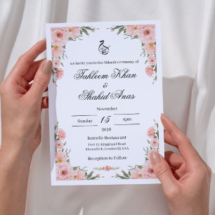 Rosa Wasserfarben-Blumen-Nikkah-Muslim-Hochzeit Einladung