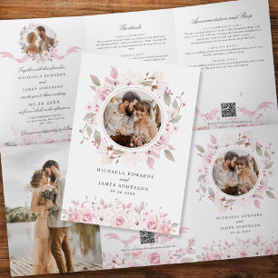 Rosa Wasserfarben-Blumen QR-Codes Hochzeit Dreifach Gefaltete Einladung