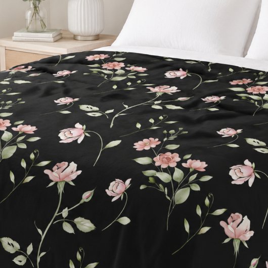 Rosa Wasserfarben-Blumen Schwarz Fleecedecke