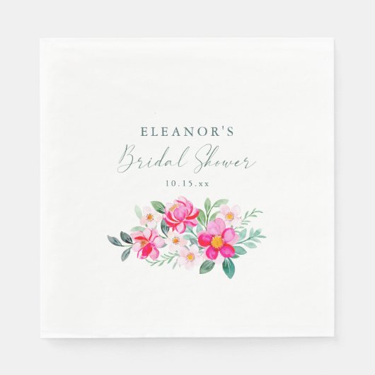 Rosa Wasserfarben-Blumen-Script Hochzeitsshower Serviette (Vorderseite)