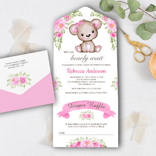 Rosa Wasserfarben Blumen Teddybär Babyparty All In One Einladung