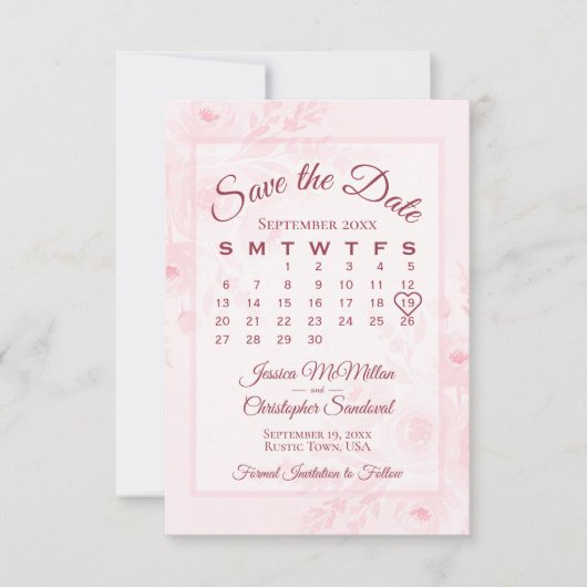 Rosa Wasserfarben-Blumenkalender-Hochzeit  Save The Date (Vorderseite)