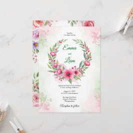 Rosa Wasserfarben-Blumenkranz-Hochzeitseinladung Einladung