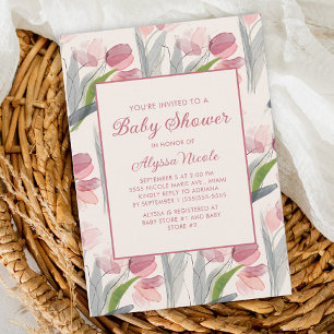Rosa Wasserfarben-Blumentulpen Baby Shower Einladung