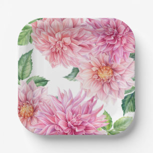 Rosa Wasserfarben-Dahlie-Blumenmuster Pappteller