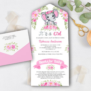Rosa Wasserfarben-Elefanten-Baby-Party All In One Einladung