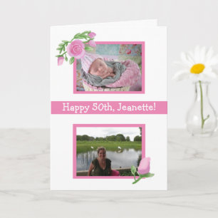 Rosa Wasserfarben-Geburtstag Jetzt und Damals Foto Karte