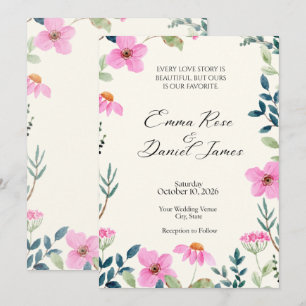 Rosa Wasserfarben-Hochzeits-Einladung mit Blumenmu Einladung