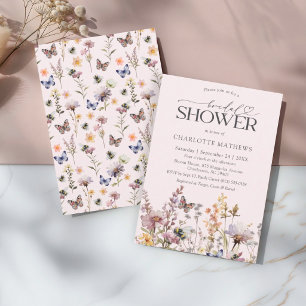 Rosa Wasserfarben-Hochzeitsdusche mit Wildblumen Einladung