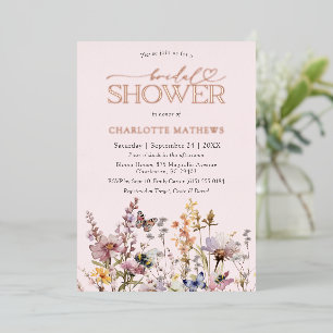 Rosa Wasserfarben-Hochzeitsdusche mit Wildblumen Folieneinladung